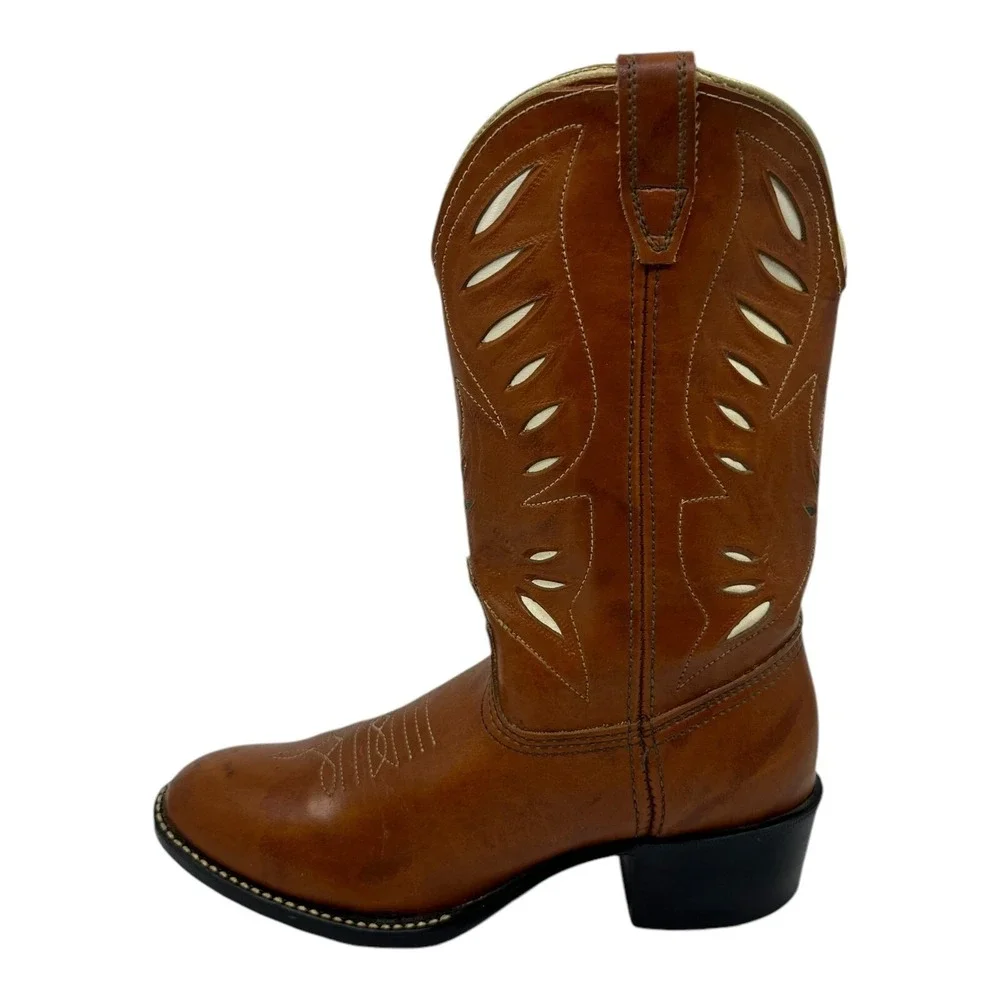 Acme Cowpuncher Western Boots Womens 5D Tan Leather Good Contrast Stitching VTG.